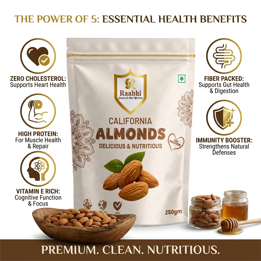Premium California Almonds – 250g | Almonds (Badam) Natural, Healthy & Nutrient-Rich Dry Fruits by Raabhi Foods