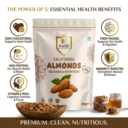 Premium California Almonds – 250g | Almonds (Badam) Natural, Healthy & Nutrient-Rich Dry Fruits by Raabhi Foods