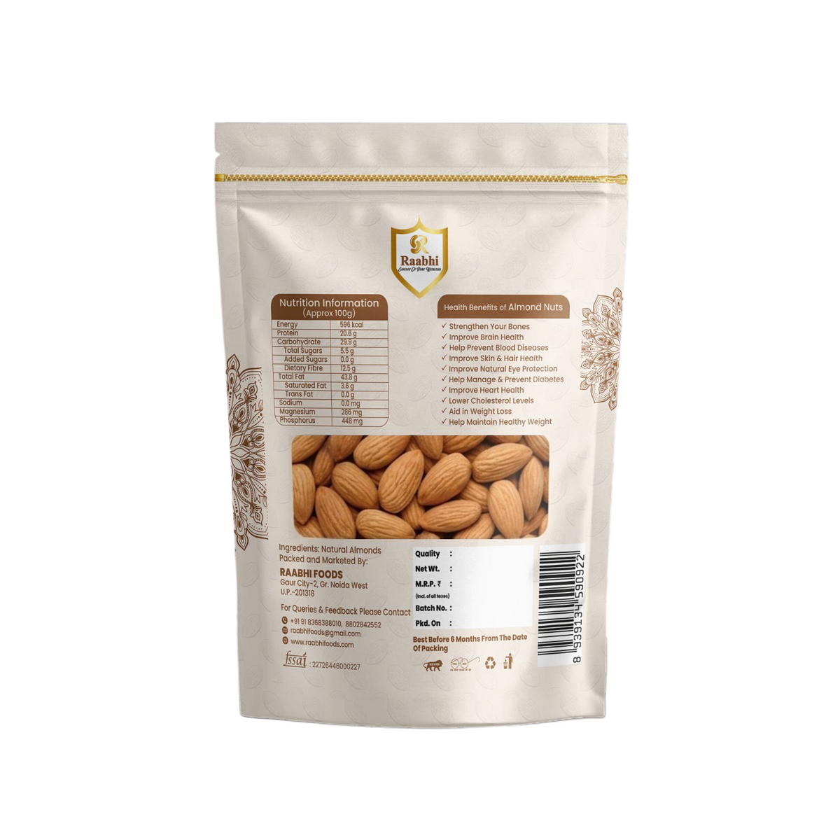 Premium California Almonds – 250g | Almonds (Badam) Natural, Healthy & Nutrient-Rich Dry Fruits by Raabhi Foods